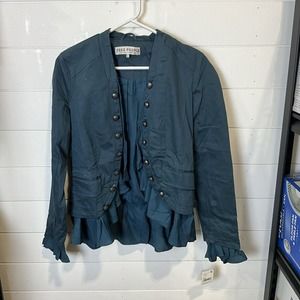NEW Free People Womens Ruffles Romance Jacket XSMALL Pockets Button‎ Front Teal